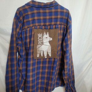 Pinche Donkey Novelty Upcycle Flannel Shirt Blue Plaid Adult Size XL